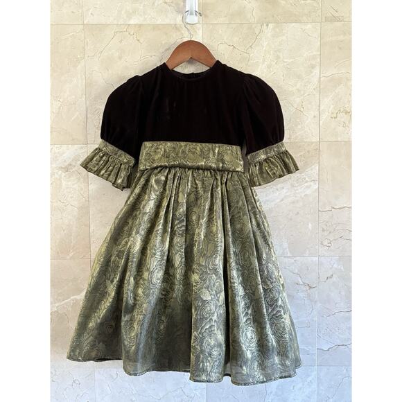 VTG Dimples Girls Holiday Dress 8 - Black Velvet, Gold Brocade Christmas Formal - Picture 4 of 12